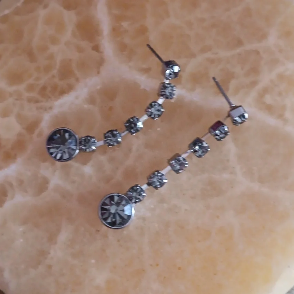 Monet Smokey Gray Rhinestone Faceted Silver Toned Dangle Earrings
